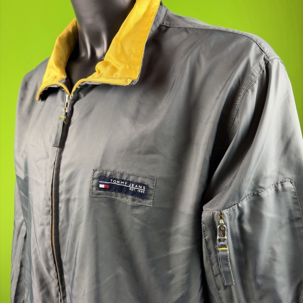 VTG Tommy Jeans Windbreaker Jacket Mens L Grey Yellow Vintage Full Zip Logo